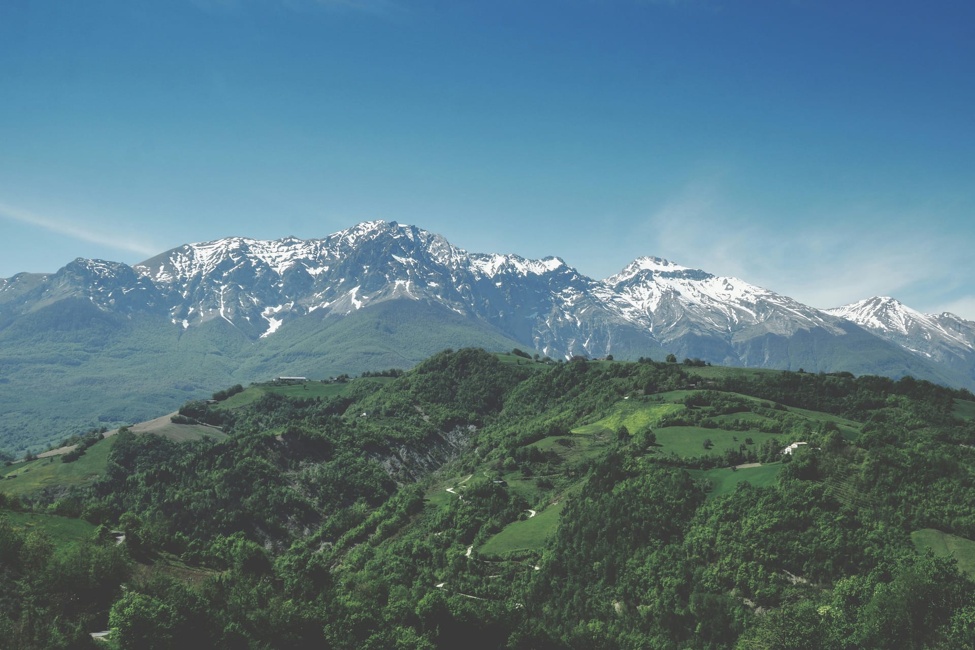 Snow-capped mountains rising over green foothills under a clear blue sky