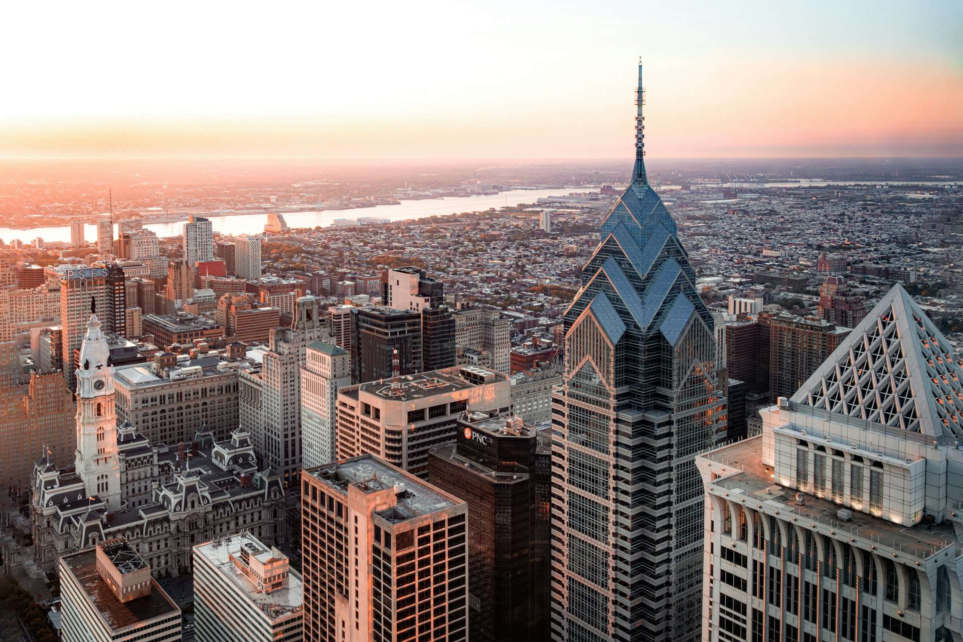 Aerial view of the Philadelphia skyline at sunset with City Hall in view